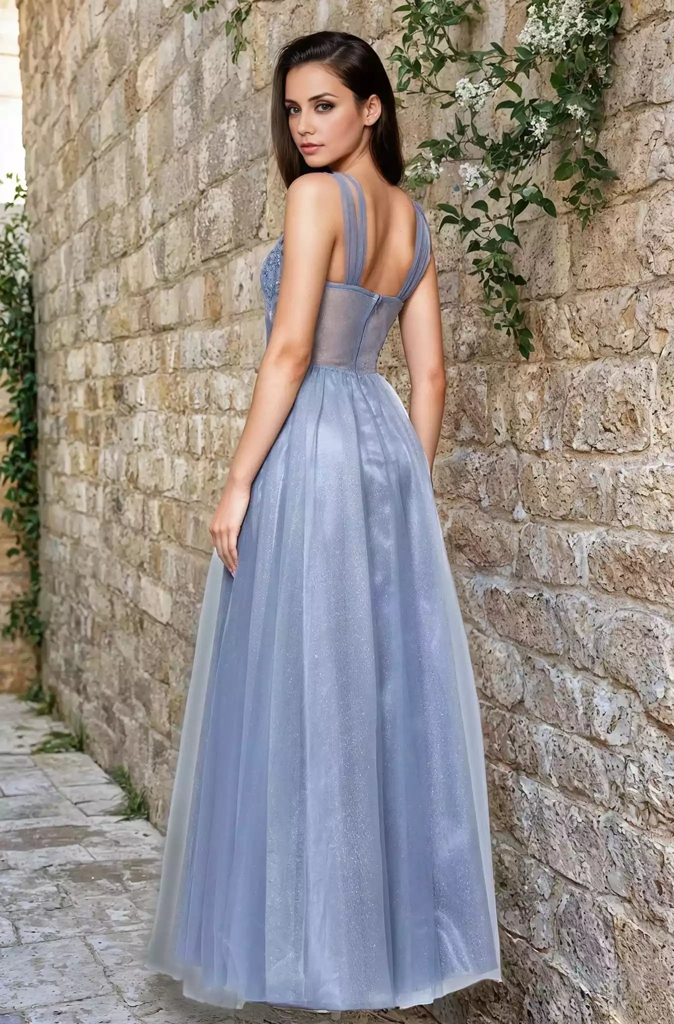 Elegant and beautiful long sparkling chiffon A-line transparent tight corset with heart-shaped neckline sequined lace embroidery Prom Dresses