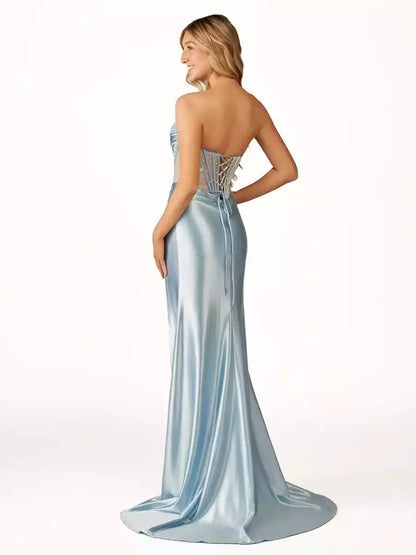 Elegant and charming beaded pleats with slits, satin strapless pleats, tight corsets, Prom Dresses