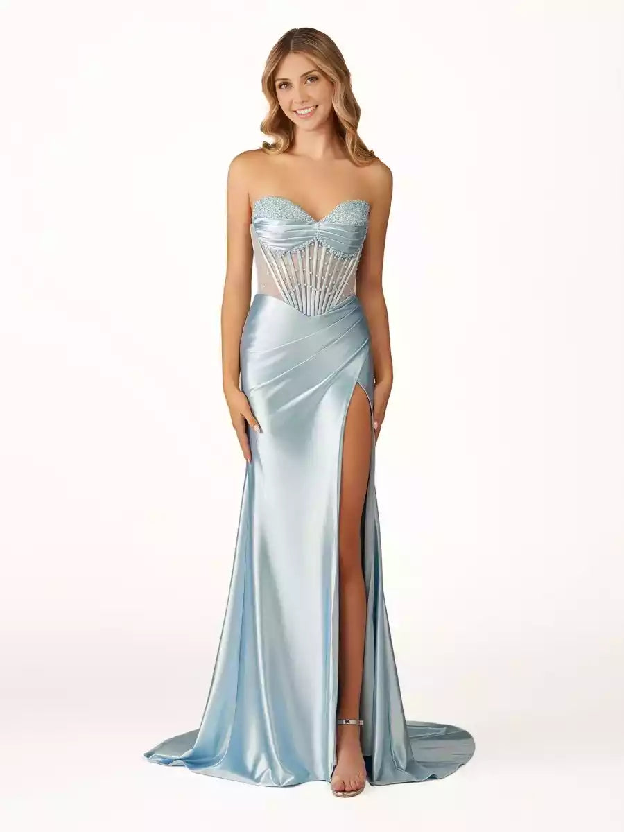 Elegant and charming beaded pleats with slits, satin strapless pleats, tight corsets, Prom Dresses