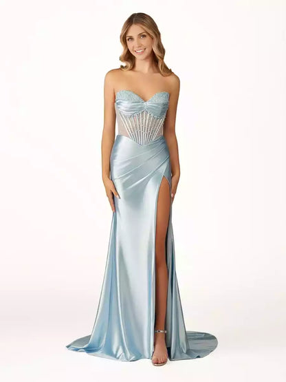 Elegant and charming beaded pleats with slits, satin strapless pleats, tight corsets, Prom Dresses