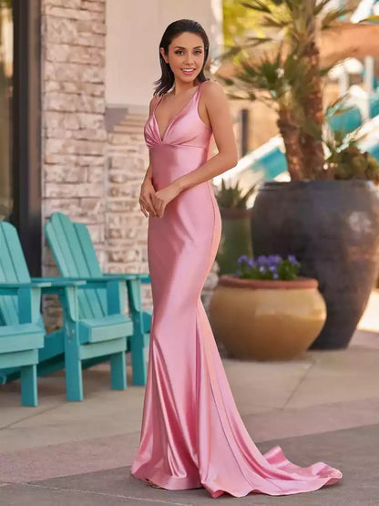 Elegant and charming mermaid long tail V-neck sleeveless zipper back sleeveless cut Prom Dresses