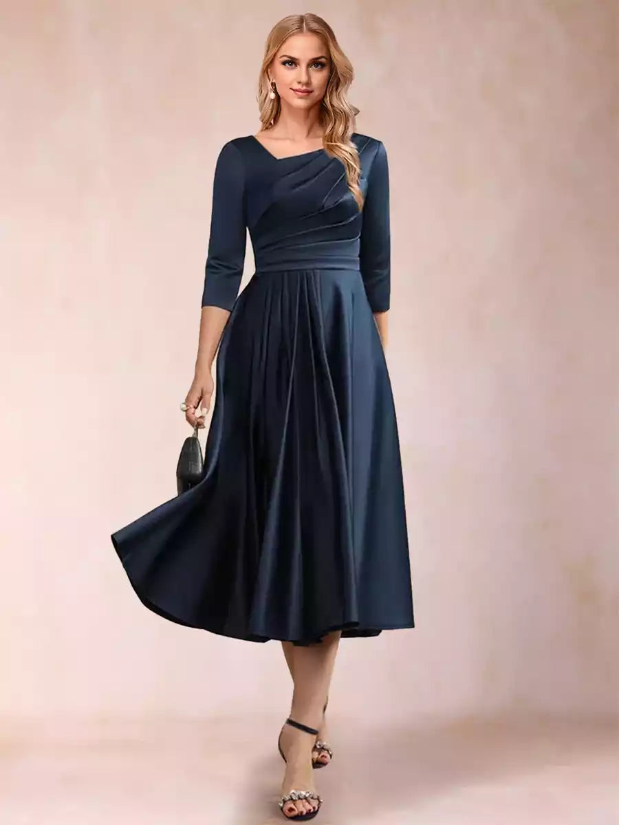 Elegant and charming satin A-line/princess style V-neck half sleeve pleated Mother of the Bride Dresses