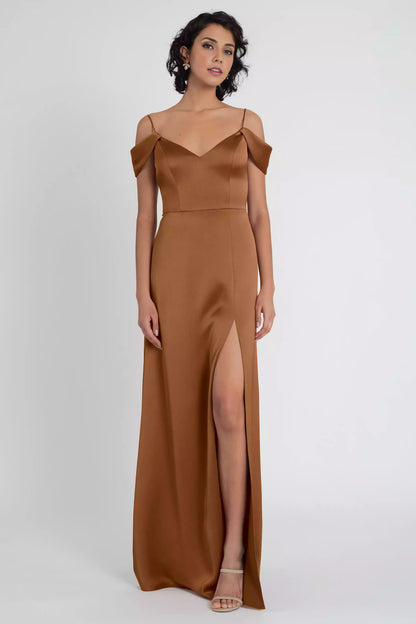 Elegant and chic V-neck satin shoulder sleeves with soft drape and slim fit A-line side slits for Evening Dresses