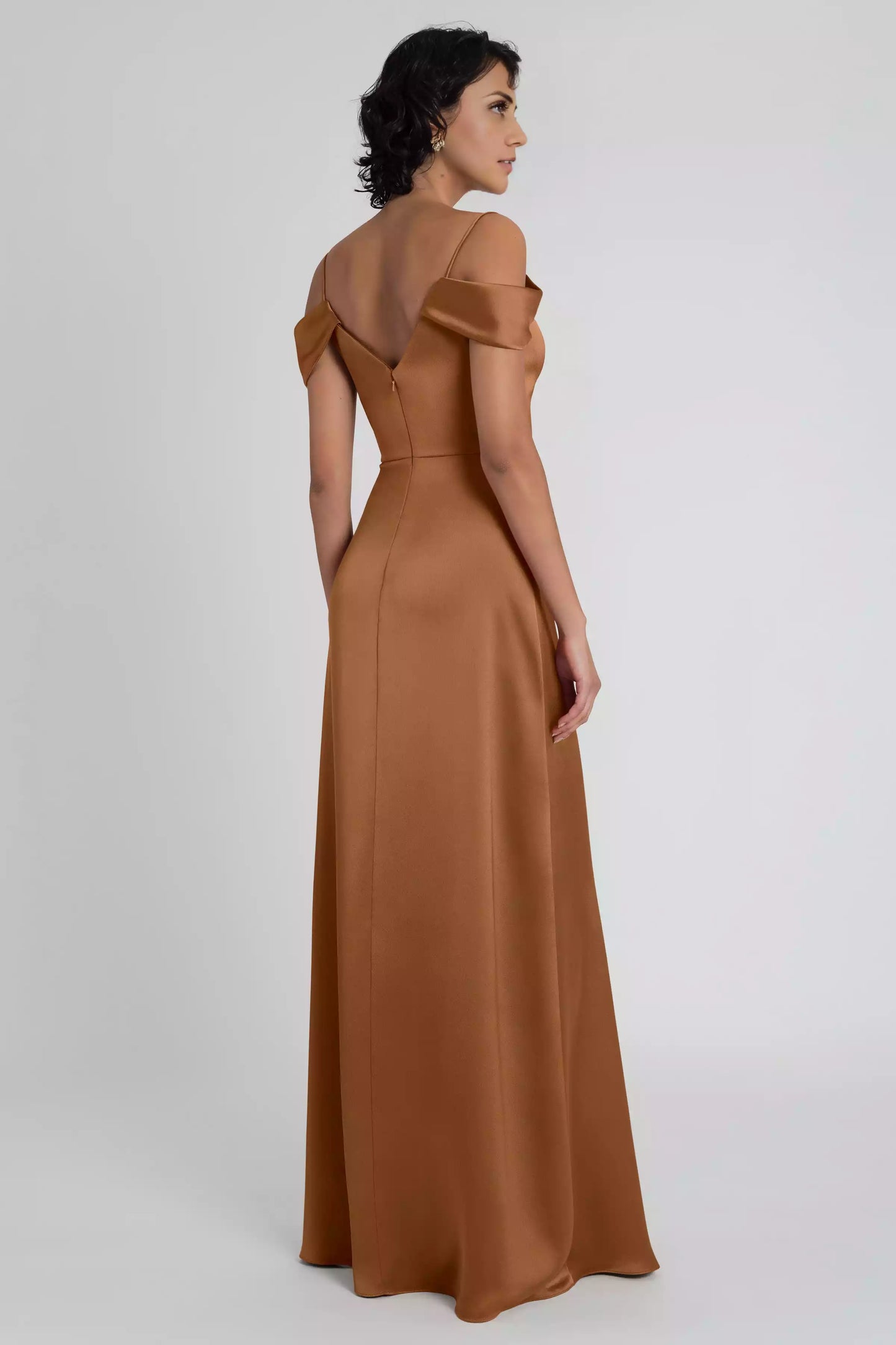 Elegant and chic V-neck satin shoulder sleeves with soft drape and slim fit A-line side slits for Evening Dresses