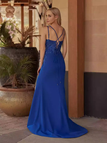 Elegant and exquisite sparkling lace mermaid deep V-neck sleeveless slit Prom Dresses