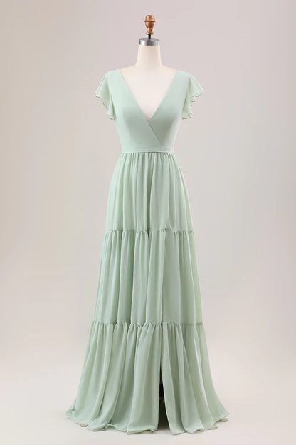 Elegant and flowing A-line V-neck lace up back slit long bridesmaid dress