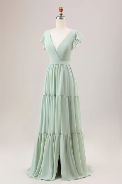 Elegant and flowing A-line V-neck lace up back slit long bridesmaid dress