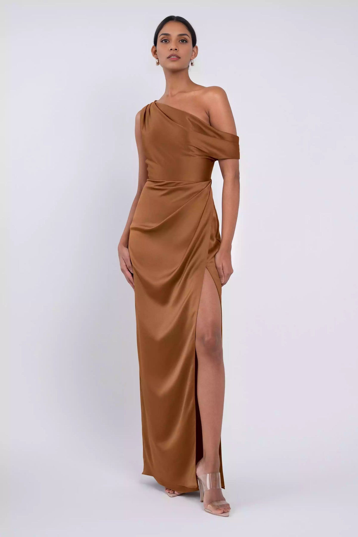 Elegant and graceful shoulder drooping pleat design, pleated slit, fully lined Evening Dresses