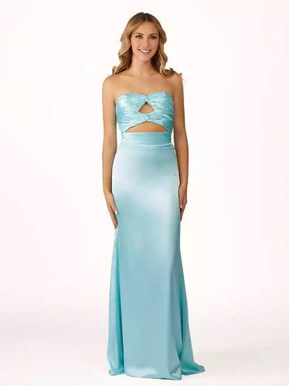 Elegant and ground hugging cut with off shoulder collar, sleeveless hollowed out back strap, Prom Dresses
