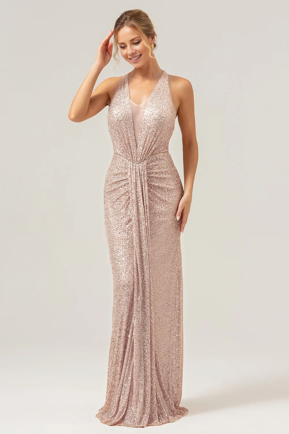 Elegant and shiny mermaid neck hanging pleated long sequin bridal mother dress