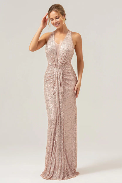 Elegant and shiny mermaid neck hanging pleated long sequin bridal mother dress