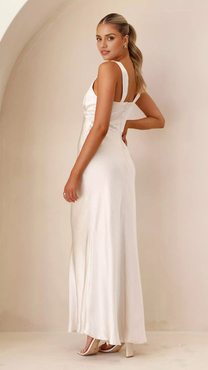 Elegant and stylish chest pleated V-neck and floor back shoulder strap with hidden side zipper Prom Dresses