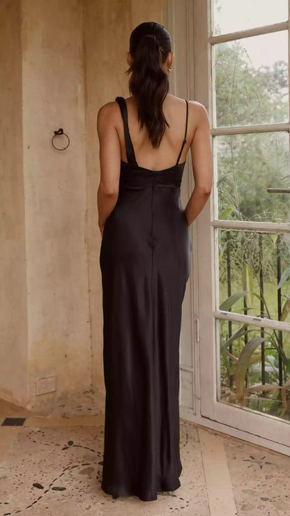 Elegant asymmetrical hanging collar twisted shoulder strap, thin shoulder strap, invisible back zipper, side pleats and slits Prom Dresses