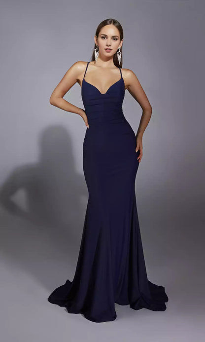 Elegant backless camisole with long, hanging neck and slim shoulder straps, backless cross slim cut Prom Dresses