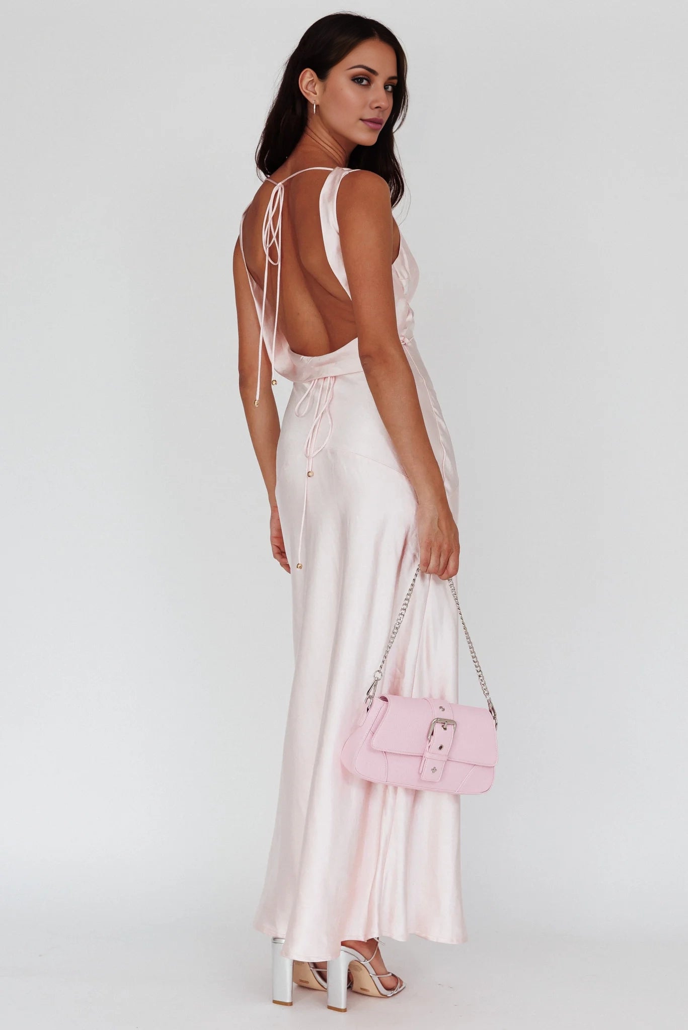Elegant backless lace up unlined scarf collar with hidden side zipper bridesmaid dress