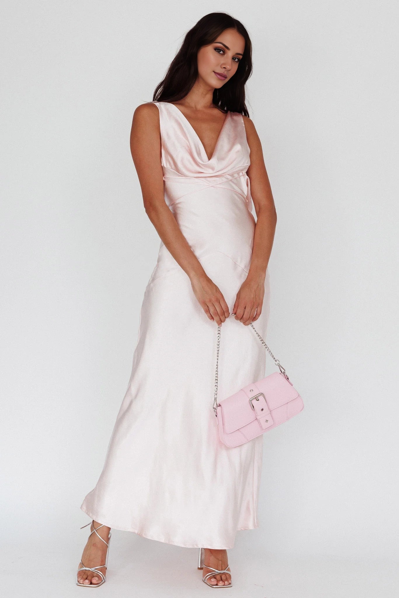 Elegant backless lace up unlined scarf collar with hidden side zipper bridesmaid dress