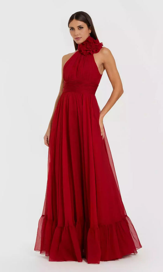 Elegant chiffon backless collar with floral decals, pleated and slim fit corset Prom Dresses