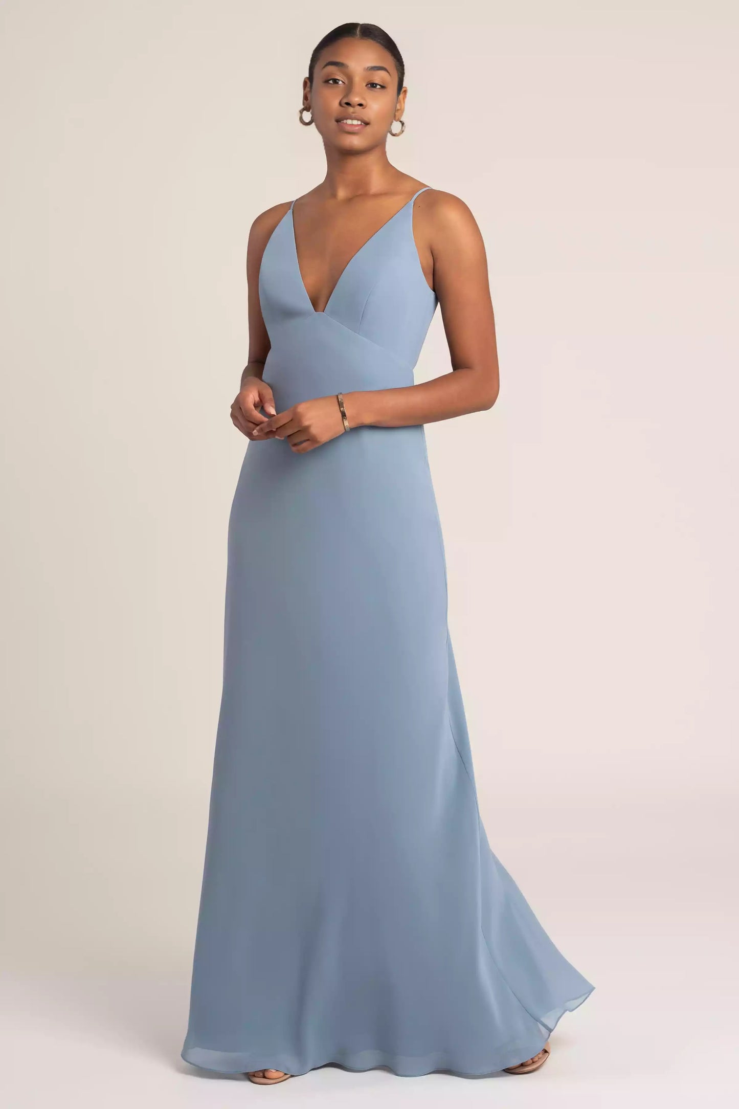 Elegant chiffon camisole with slim fit, high waistline, notch neckline, diagonal cut skirt, Bridesmaid Dresses
