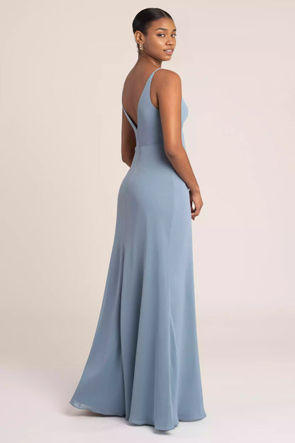 Elegant chiffon camisole with slim fit, high waistline, notch neckline, diagonal cut skirt, Bridesmaid Dresses