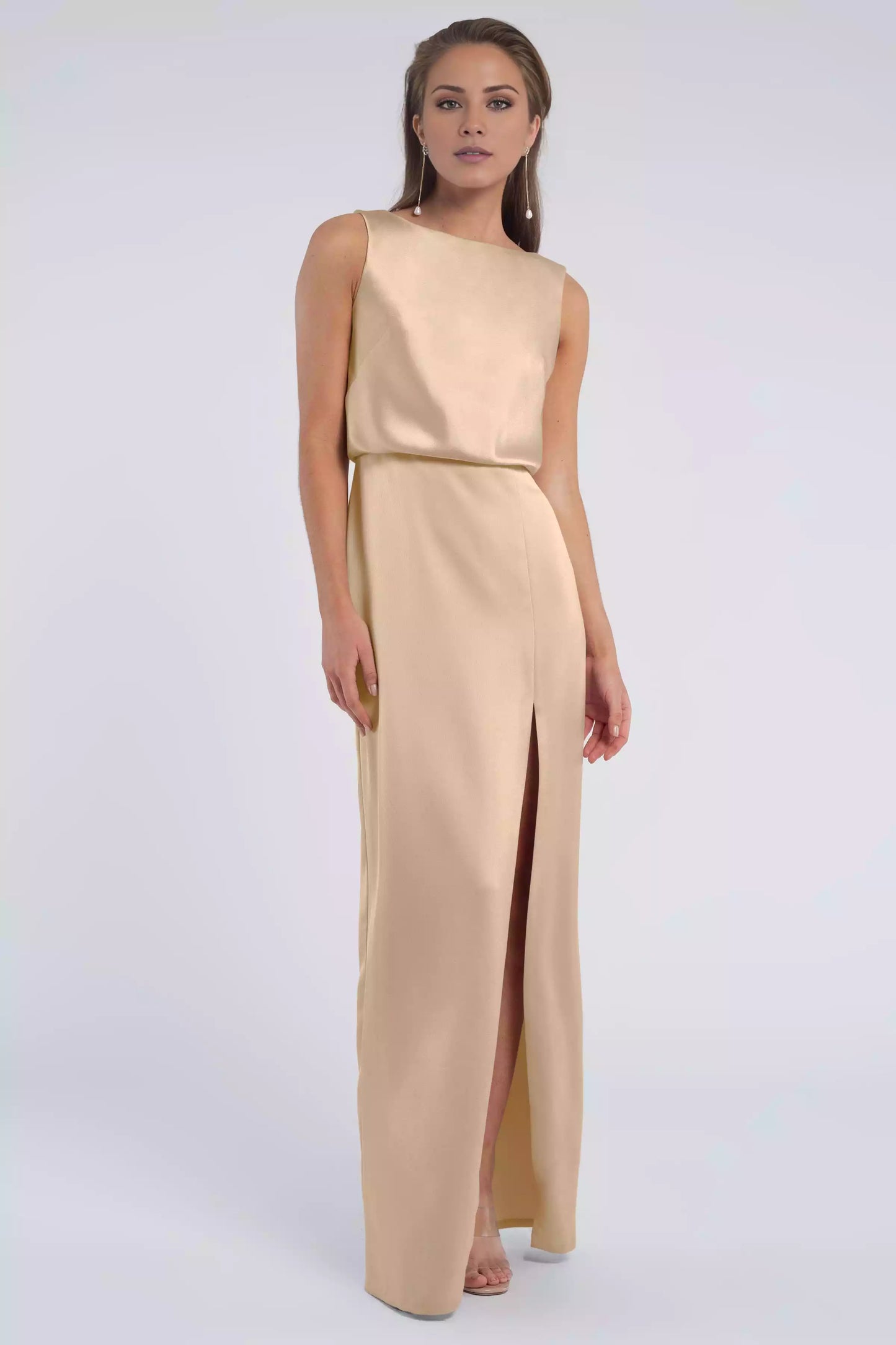 Elegant classic silhouette, luxurious satin collar, slit, backless pleats, tight corset, back zipper, Bridesmaid Dresses