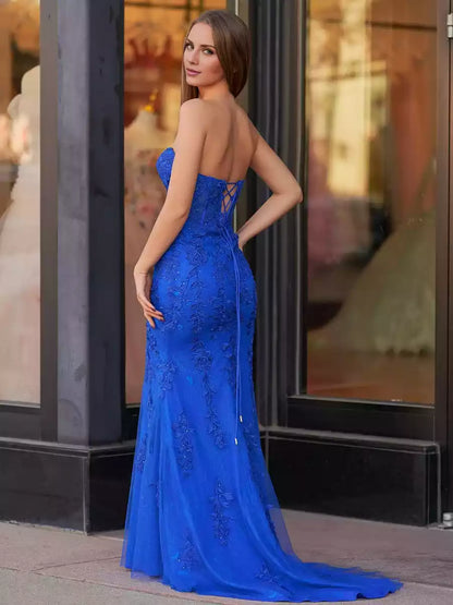 Elegant dancing mermaid lace chiffon strapless corset with appliqu é straps on the back Prom Dresses