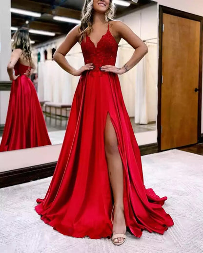 Elegant decal A-line thin shoulder strap satin tight back sleeveless lace up back Prom Dresses