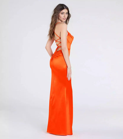 Elegant elastic satin pendant neckline, heart-shaped neckline, thin shoulder straps, back strap, mermaid wrap, height slit and floor Prom Dresses