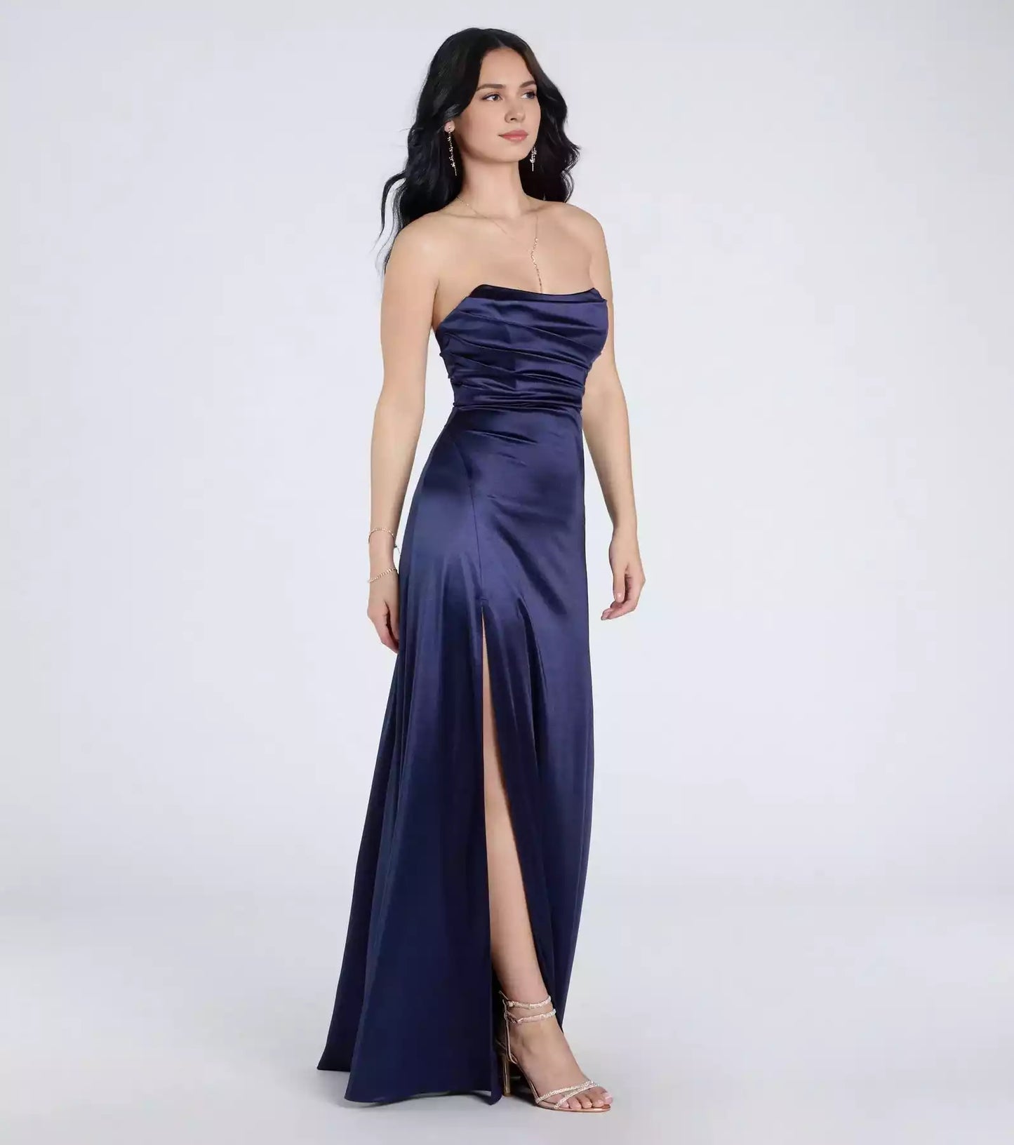 Elegant elastic satin strapless neckline pleated tight corset A-line silhouette and Prom Dresses