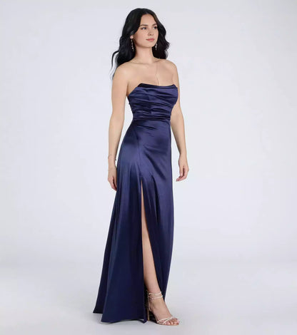 Elegant elastic satin strapless neckline pleated tight corset A-line silhouette and Prom Dresses