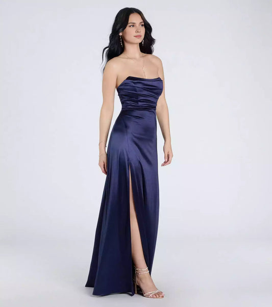 Elegant elastic satin strapless neckline pleated tight corset A-line silhouette and Prom Dresses