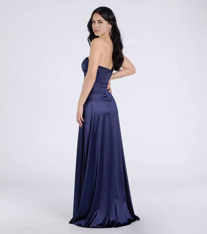 Elegant elastic satin strapless neckline pleated tight corset A-line silhouette and Prom Dresses