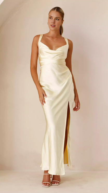 Elegant floor hanging collar with side slits and hidden side zipper cross at the back Prom Dresses