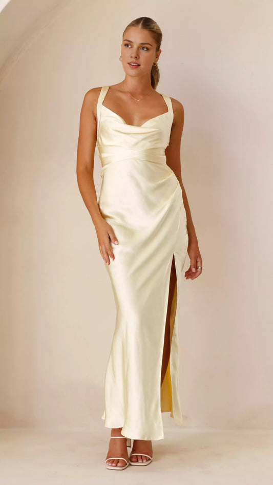 Elegant floor hanging collar with side slits and hidden side zipper cross at the back Prom Dresses