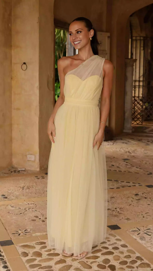 Elegant floor to ceiling single shoulder see through sweetheart neckline with cinched waist, invisible side zipper chiffon Prom Dresses