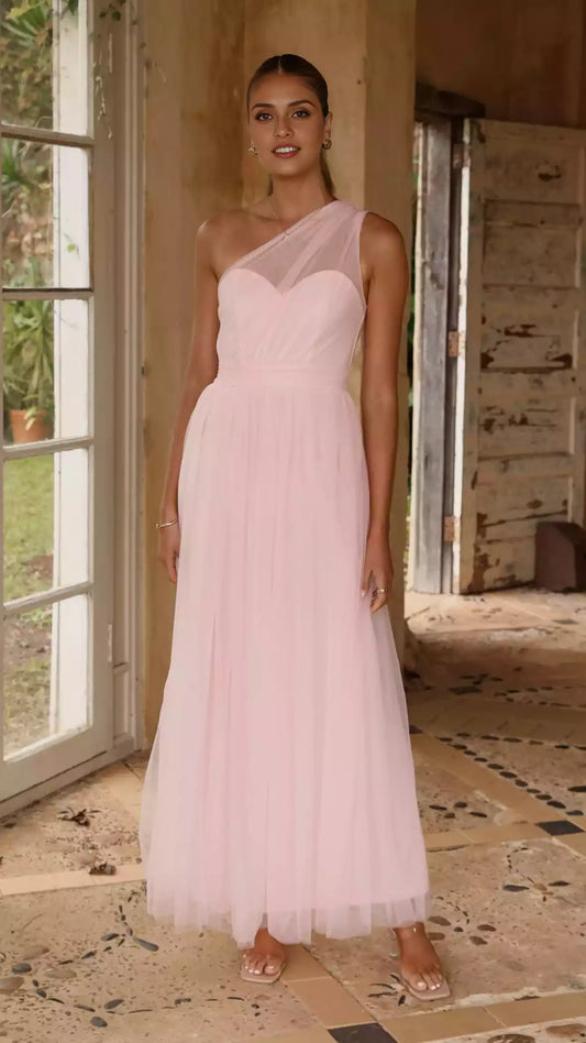 Elegant floor to ceiling single shoulder see through sweetheart neckline with cinched waist, invisible side zipper chiffon Prom Dresses