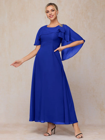 Elegant flowing short sleeved and ankle chiffon ruffle hem slim fit bride and mother dress