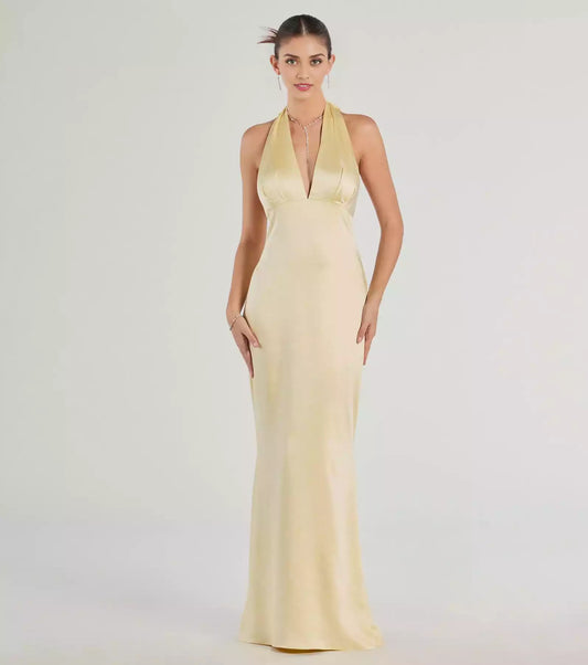 Elegant high-quality satin woven sleeveless backless deep V-pillar silhouette and floor skirt Prom Dresses