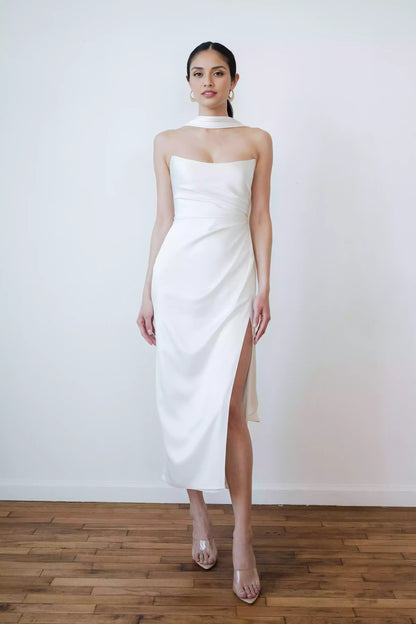 Elegant imitation wrapped luxurious satin tight corset with round neck and slit for Evening Dresses