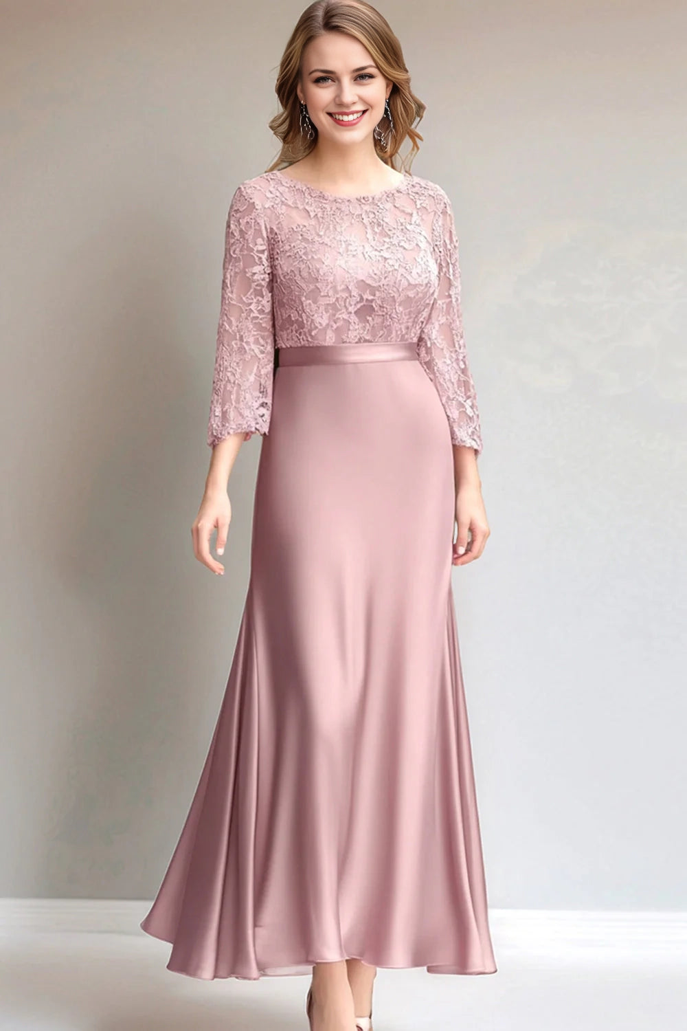 Elegant lace pleated long sleeved slim fit waist cinching bridal mother dress