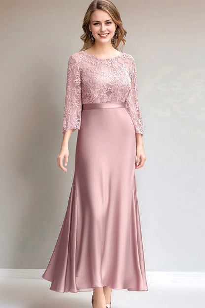 Elegant lace pleated long sleeved slim fit waist cinching bridal mother dress