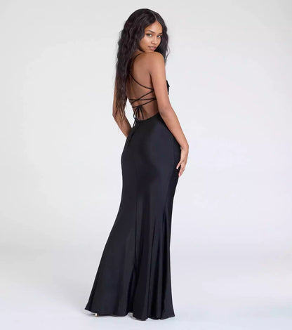 Elegant lining, smooth knit sleeveless high neck, pleated thin shoulder straps, lace up back Prom Dresses