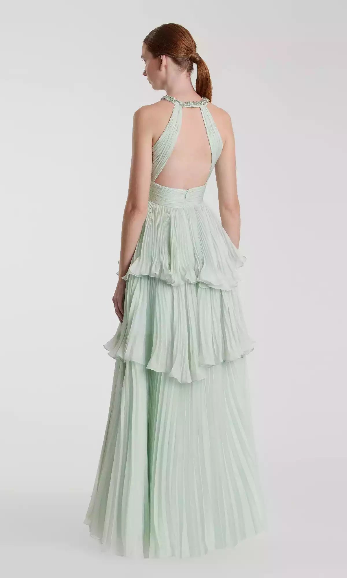 Elegant long high neck hollowed out backless cut with vertical pleats and layered ruffle edges A-line skirt Prom Dresses