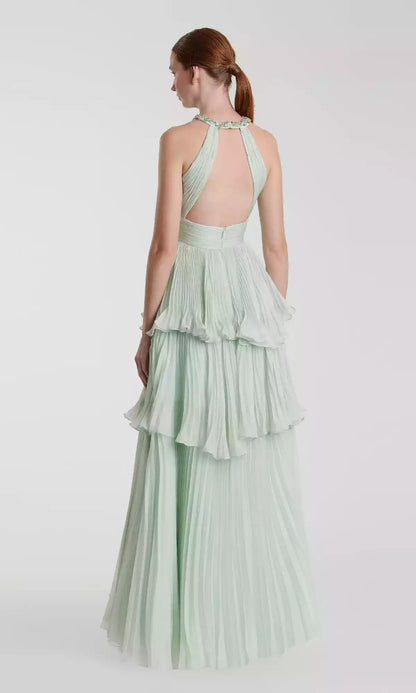 Elegant long high neck hollowed out backless cut with vertical pleats and layered ruffle edges A-line skirt Prom Dresses