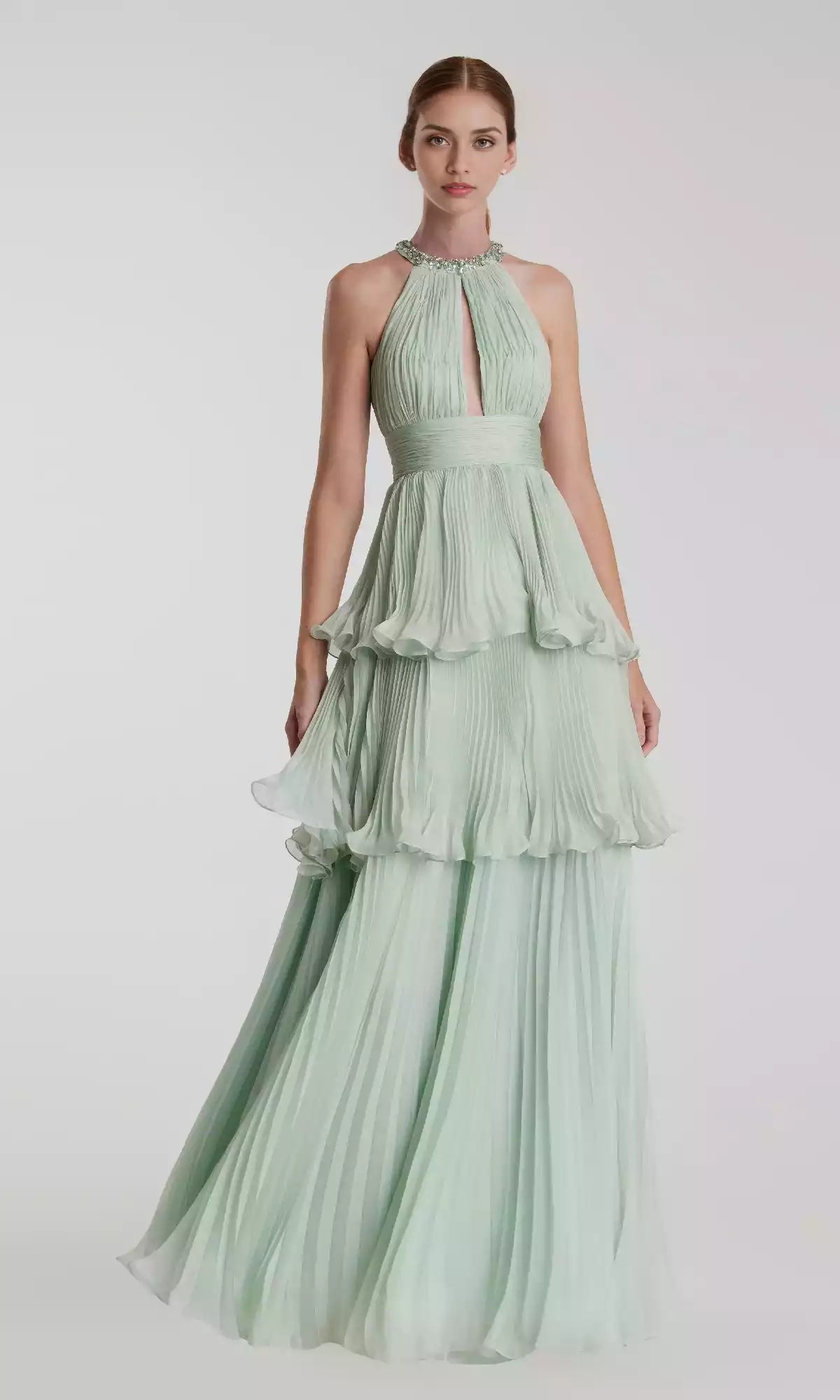 Elegant long high neck hollowed out backless cut with vertical pleats and layered ruffle edges A-line skirt Prom Dresses