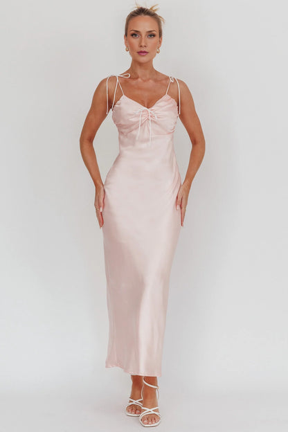 Elegant luxury satin adjustable shoulder strap exquisite lace up invisible side zipper bridesmaid dress
