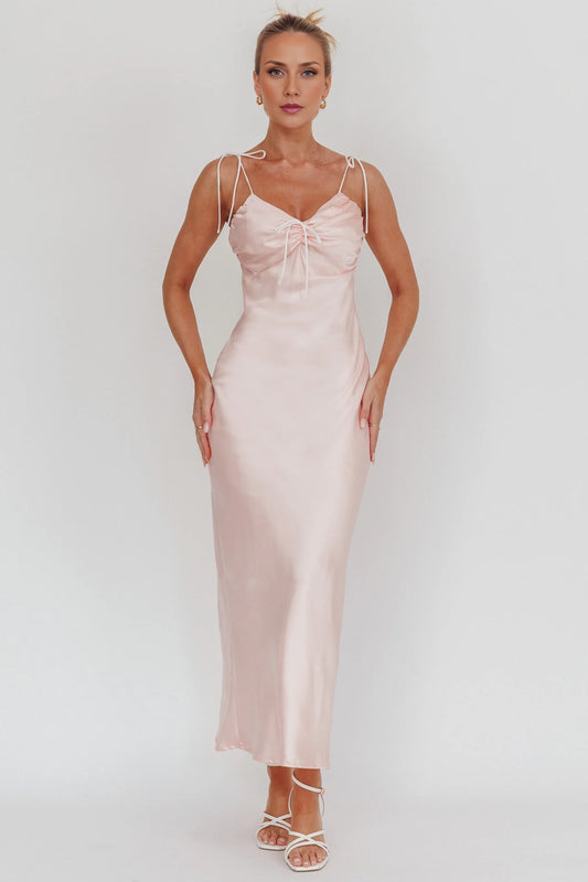 Elegant luxury satin adjustable shoulder strap exquisite lace up invisible side zipper bridesmaid dress