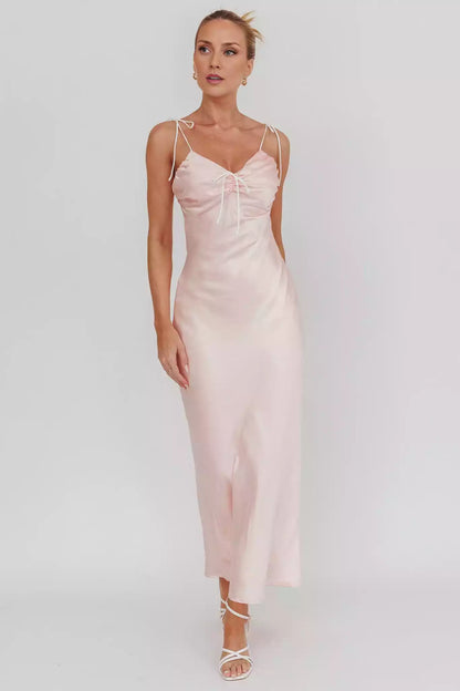 Elegant luxury satin with an ultra long drape, elegant lace up shoulder strap padding, invisible side zipper Prom Dresses