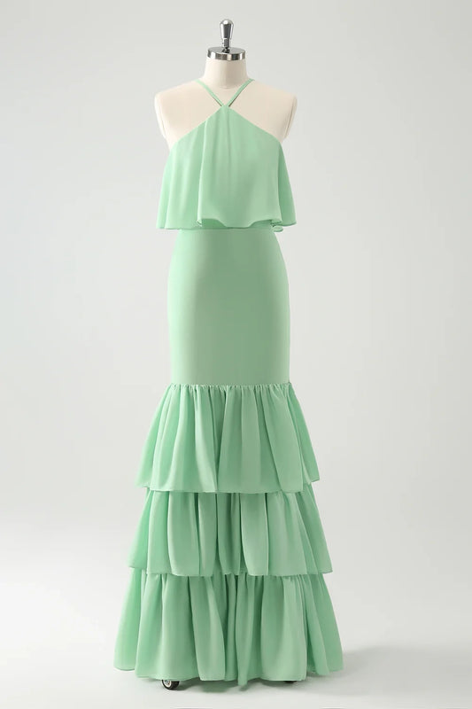Elegant mermaid camisole layered long pleated bridesmaid dress