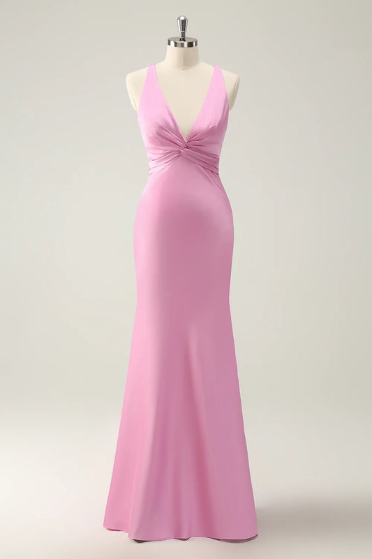 Elegant mermaid deep V-neck long back lace bridesmaid dress