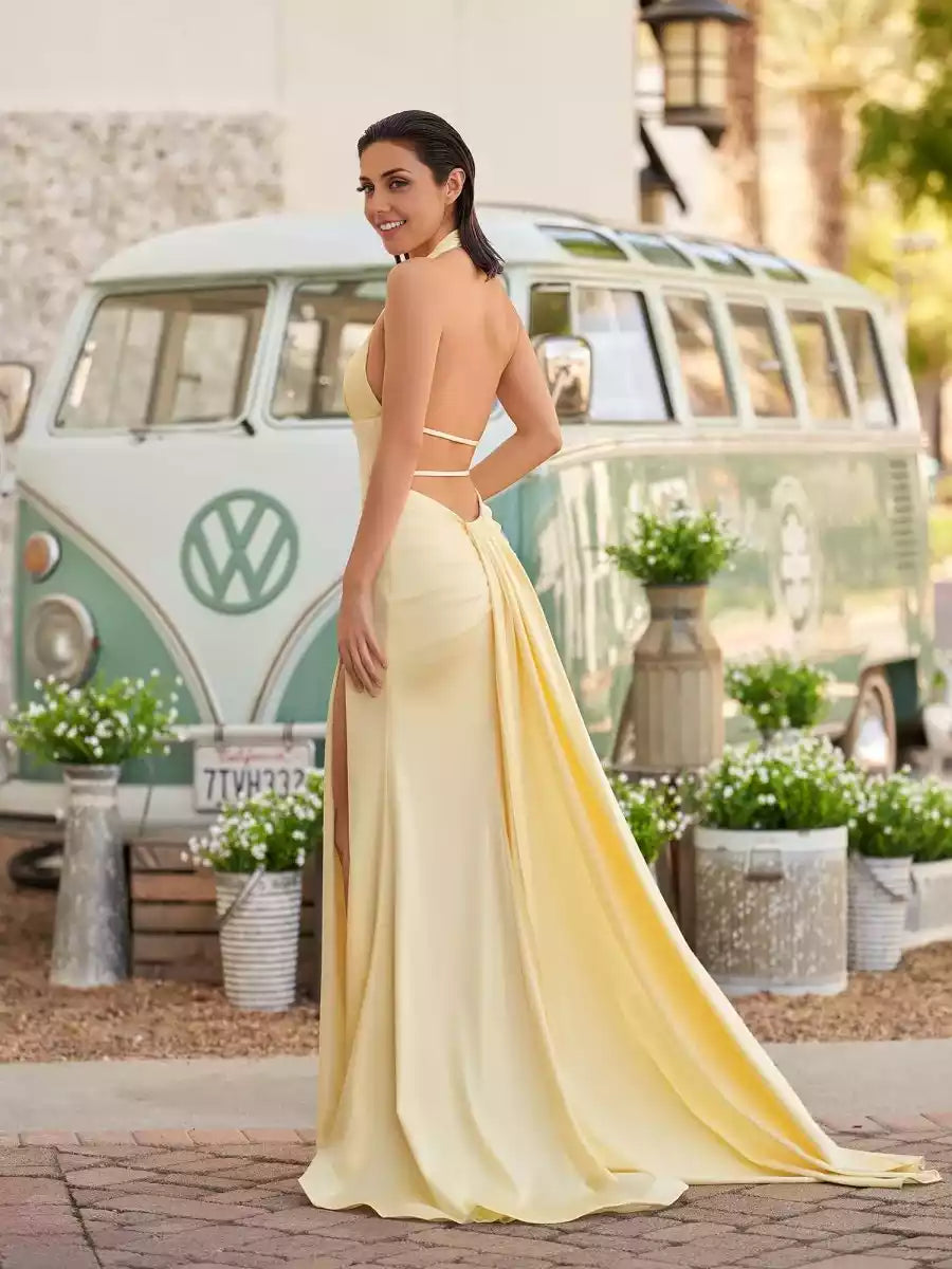 Elegant mermaid deep V-neck slit satin sleeveless lace up back Prom Dresses